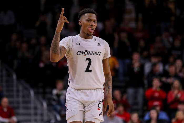 Dec 29, 2022; Cincinnati, Ohio, USA; Cincinnati Bearcats guard Landers Nolley II (2) reacts after a play against the Tulane Green Wave in the first half at Fifth Third Arena. Mandatory Credit: Katie Stratman-USA TODAY Sports